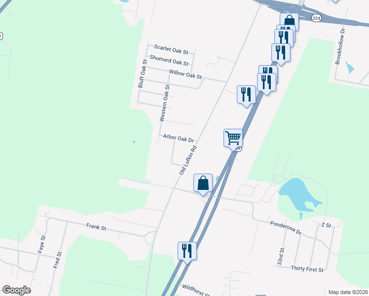 map of restaurants, bars, coffee shops, grocery stores, and more near 410 Arbor Oak Drive in Nacogdoches