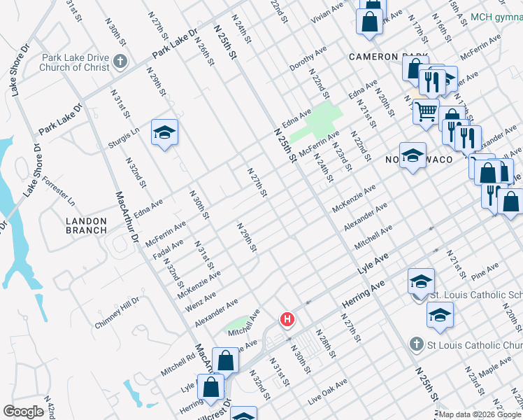 map of restaurants, bars, coffee shops, grocery stores, and more near 2712 Summer Avenue in Waco