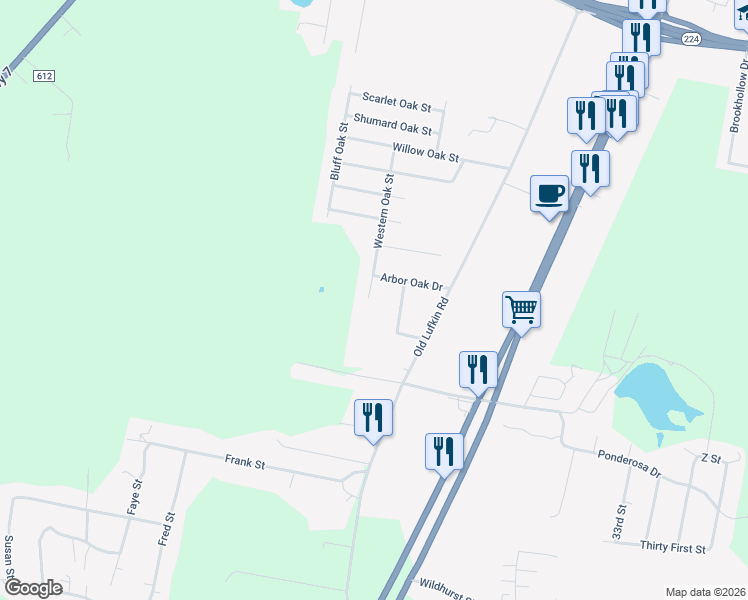 map of restaurants, bars, coffee shops, grocery stores, and more near 4316 Western Oak Street in Nacogdoches