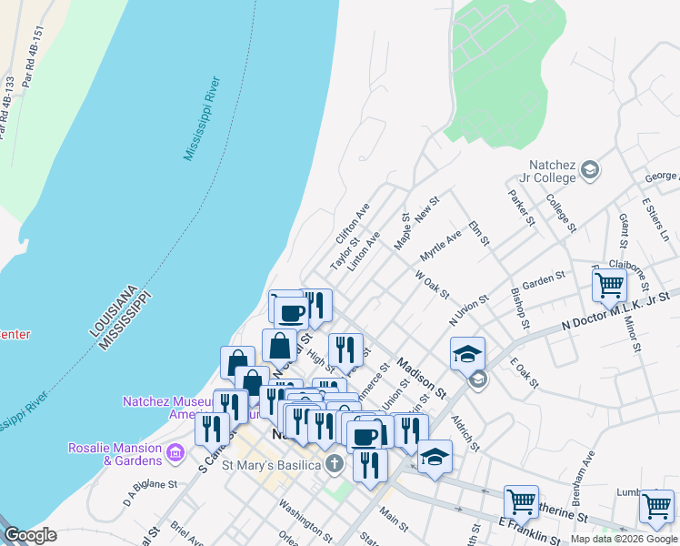 map of restaurants, bars, coffee shops, grocery stores, and more near Taylor Street in Natchez