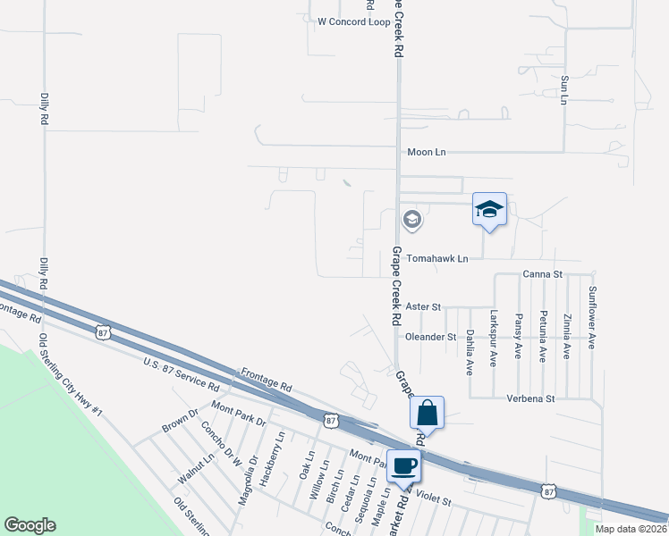 map of restaurants, bars, coffee shops, grocery stores, and more near 8062 Bob White Lane in San Angelo