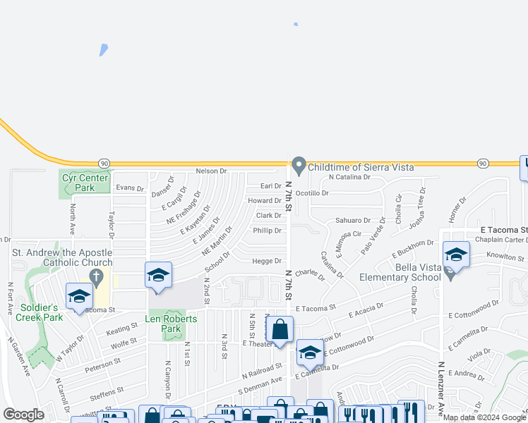 map of restaurants, bars, coffee shops, grocery stores, and more near 517 Clark Dr in Sierra Vista