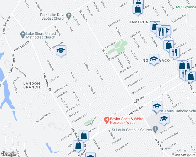 map of restaurants, bars, coffee shops, grocery stores, and more near 2708 Summer Avenue in Waco