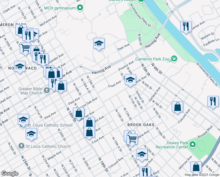 map of restaurants, bars, coffee shops, grocery stores, and more near 811 Frost Avenue in Waco