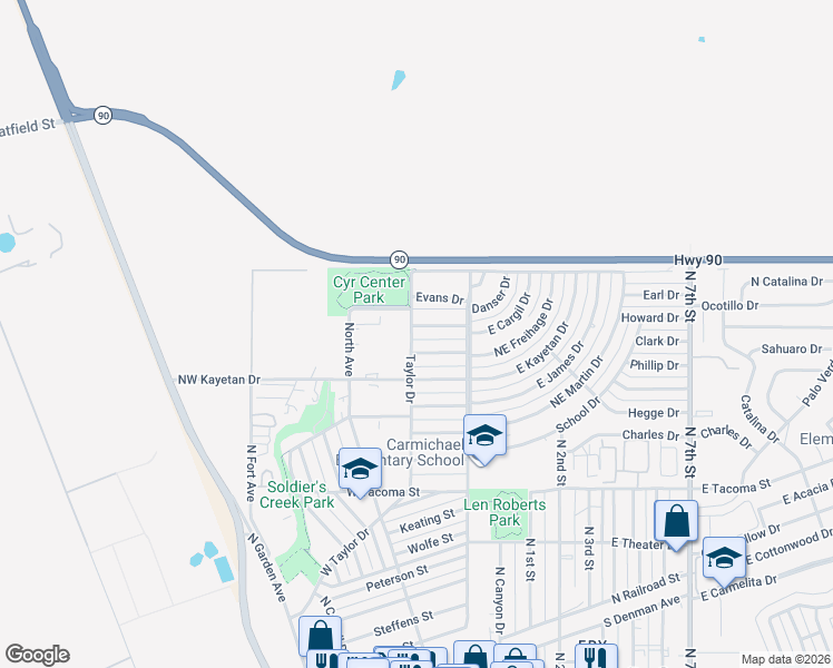 map of restaurants, bars, coffee shops, grocery stores, and more near 111 West Cyr Center in Sierra Vista