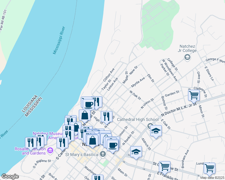 map of restaurants, bars, coffee shops, grocery stores, and more near Ridge Street in Natchez