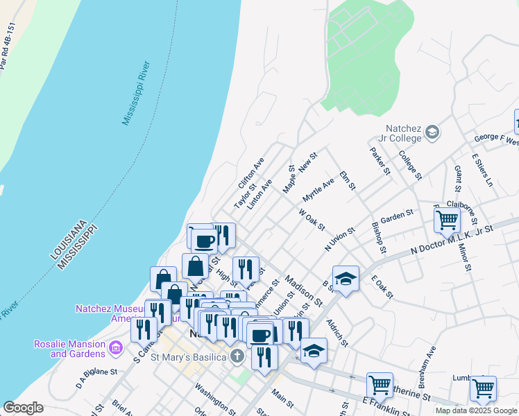 map of restaurants, bars, coffee shops, grocery stores, and more near Ridge Street in Natchez