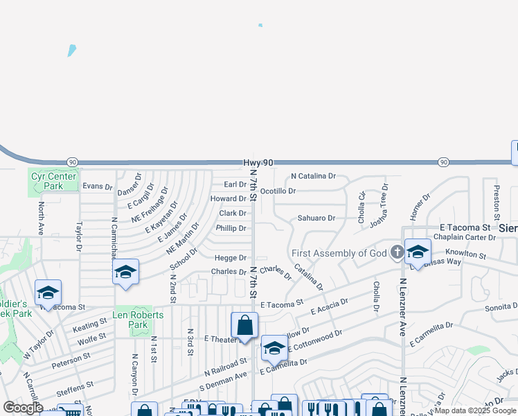 map of restaurants, bars, coffee shops, grocery stores, and more near 1098 Desert Oak Place in Sierra Vista
