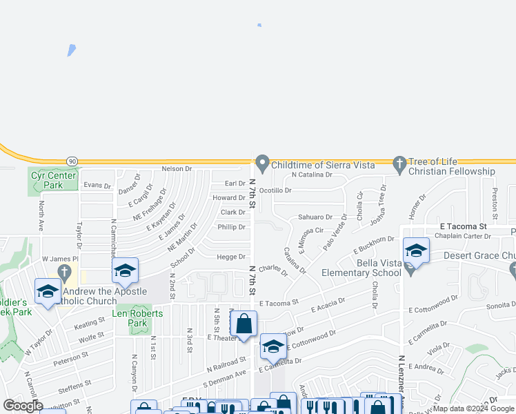 map of restaurants, bars, coffee shops, grocery stores, and more near 1098 Desert Oak Place in Sierra Vista