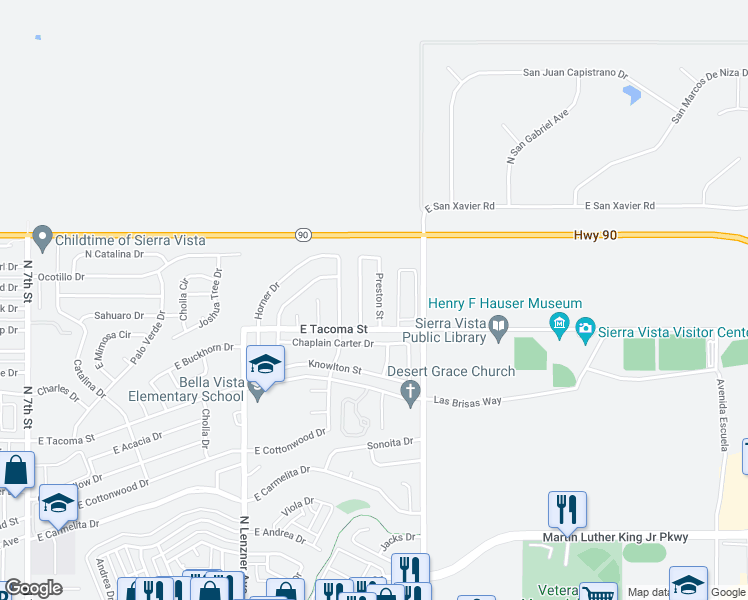 map of restaurants, bars, coffee shops, grocery stores, and more near 1126 Preston Street in Sierra Vista