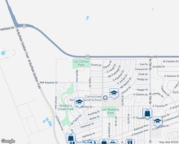 map of restaurants, bars, coffee shops, grocery stores, and more near 111 West Cyr Center in Sierra Vista