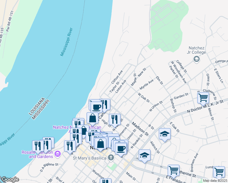 map of restaurants, bars, coffee shops, grocery stores, and more near 208 Linton Avenue in Natchez