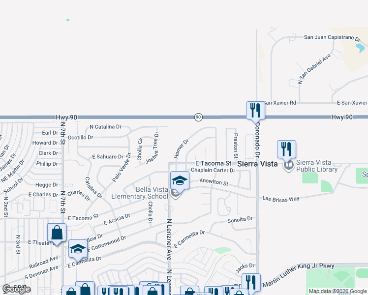 map of restaurants, bars, coffee shops, grocery stores, and more near 1086 Horner Drive in Sierra Vista