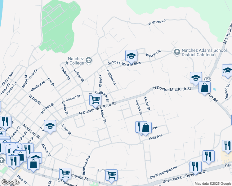 map of restaurants, bars, coffee shops, grocery stores, and more near 1006 Martins Lane in Natchez