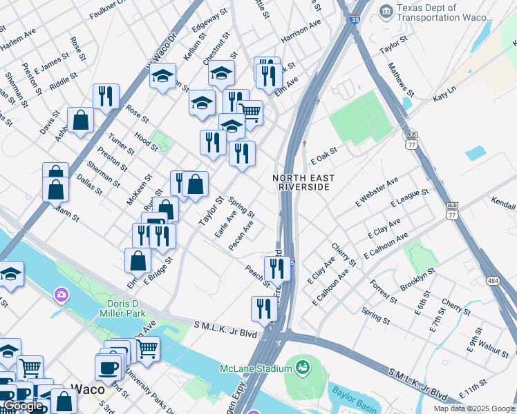 map of restaurants, bars, coffee shops, grocery stores, and more near 228 Spring Street in Waco
