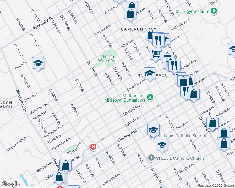 map of restaurants, bars, coffee shops, grocery stores, and more near 2401 McKenzie Avenue in Waco