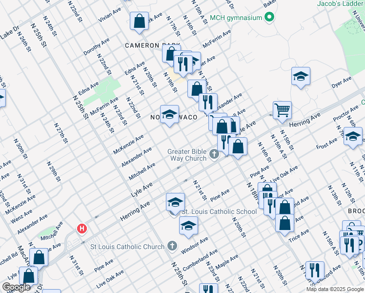 map of restaurants, bars, coffee shops, grocery stores, and more near 2600 North 20th Street in Waco
