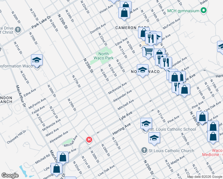 map of restaurants, bars, coffee shops, grocery stores, and more near 2401 McKenzie Avenue in Waco