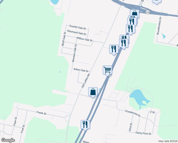 map of restaurants, bars, coffee shops, grocery stores, and more near 410 Arbor Oak Drive in Nacogdoches