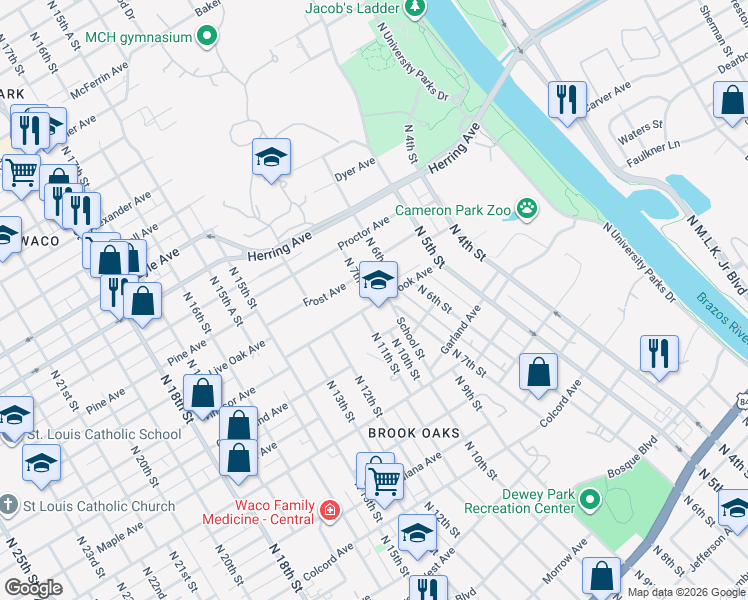 map of restaurants, bars, coffee shops, grocery stores, and more near 1831 School Street in Waco