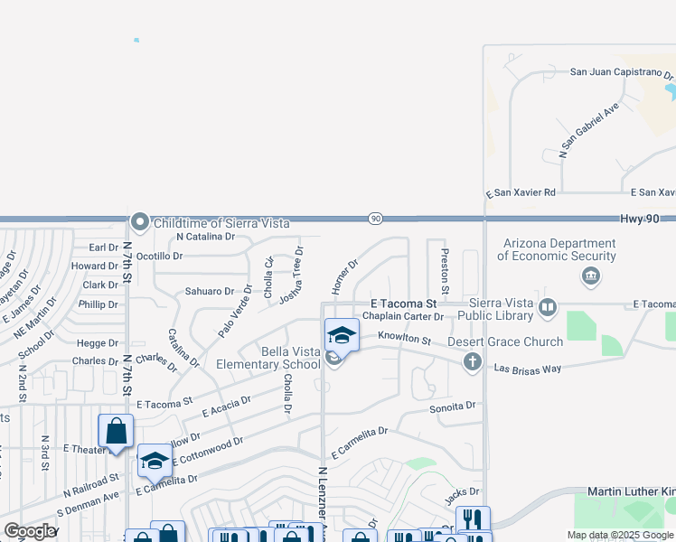 map of restaurants, bars, coffee shops, grocery stores, and more near 1086 Horner Dr in Sierra Vista