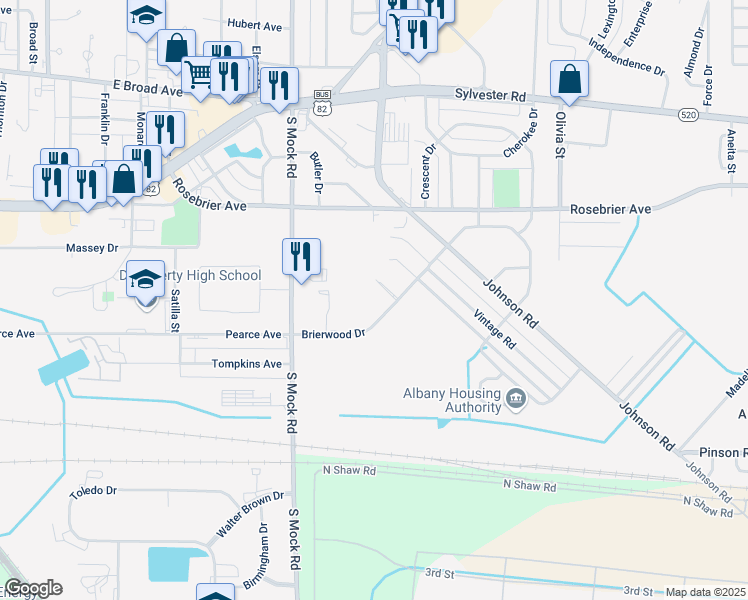 map of restaurants, bars, coffee shops, grocery stores, and more near 2415 Brierwood Drive in Albany