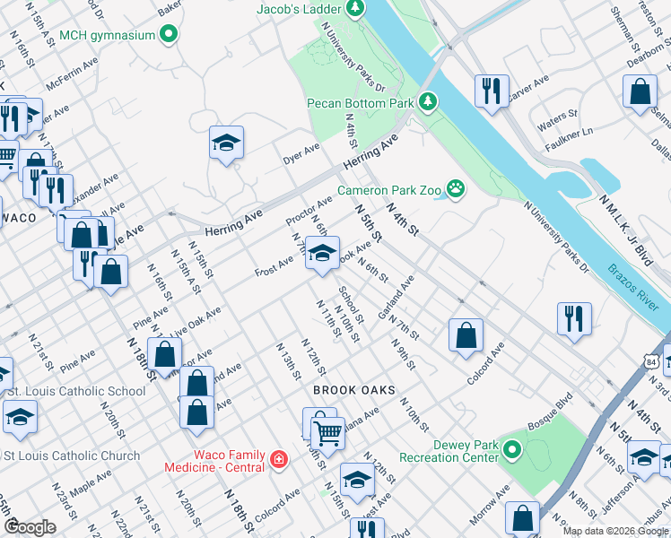 map of restaurants, bars, coffee shops, grocery stores, and more near 1831 School Street in Waco