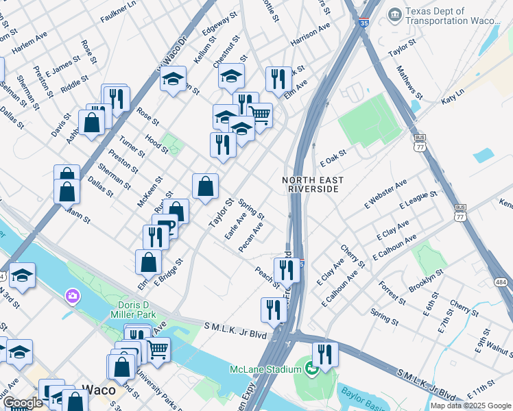 map of restaurants, bars, coffee shops, grocery stores, and more near 228 Spring Street in Waco