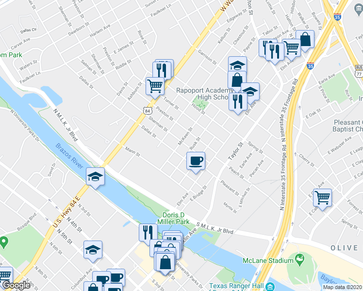 map of restaurants, bars, coffee shops, grocery stores, and more near 316 Sherman Street in Waco