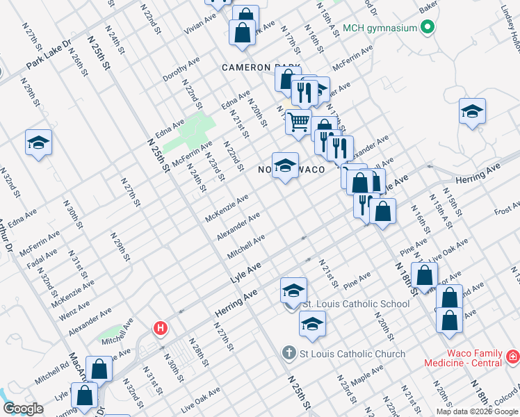 map of restaurants, bars, coffee shops, grocery stores, and more near 2201 Alexander Avenue in Waco