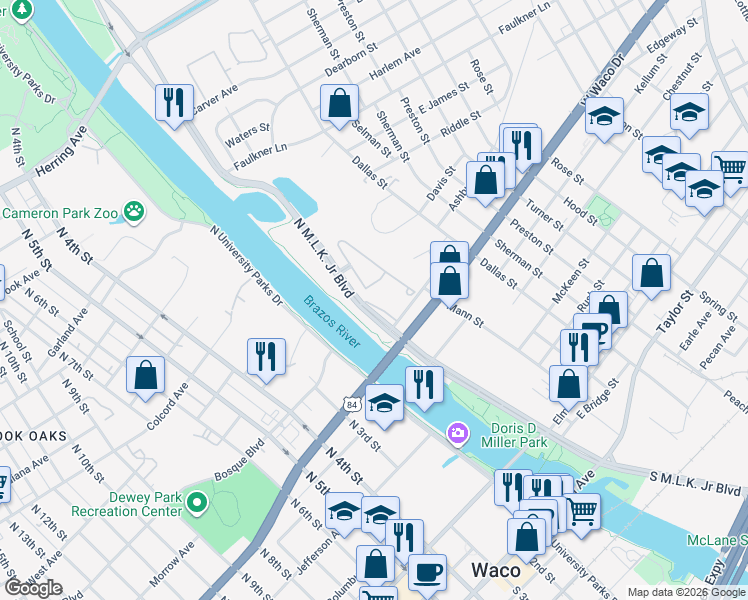 map of restaurants, bars, coffee shops, grocery stores, and more near 100 Mill Street in Waco