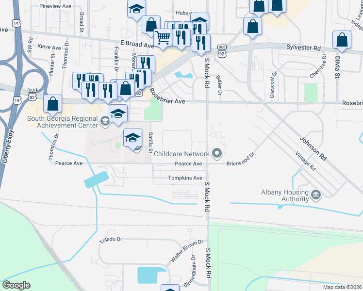 map of restaurants, bars, coffee shops, grocery stores, and more near 333 South Mock Road in Albany