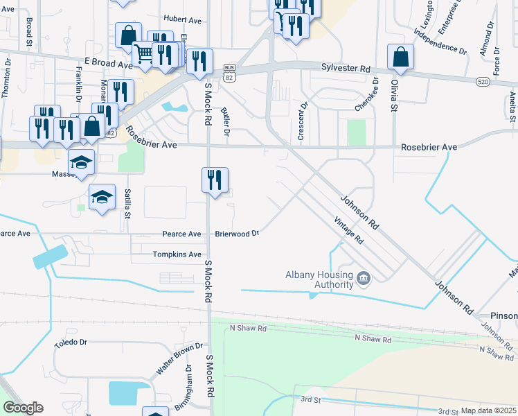 map of restaurants, bars, coffee shops, grocery stores, and more near 2415 Brierwood Drive in Albany