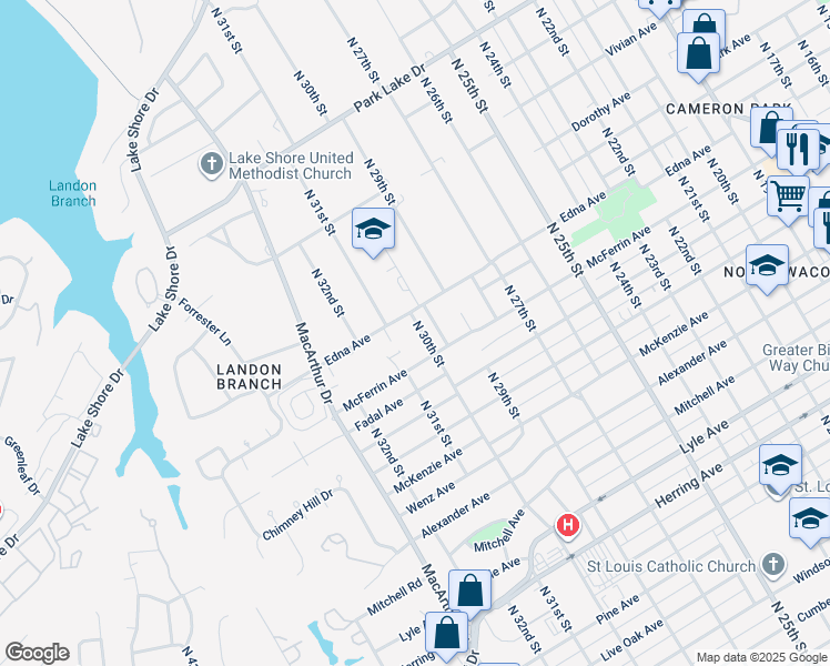 map of restaurants, bars, coffee shops, grocery stores, and more near 3120 North 30th Street in Waco