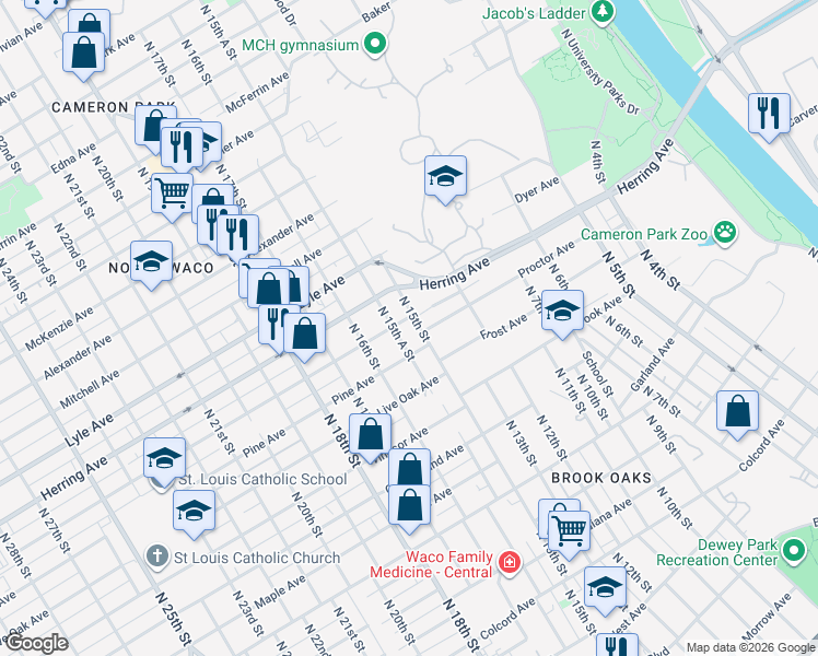 map of restaurants, bars, coffee shops, grocery stores, and more near 2209 North 15th Street in Waco