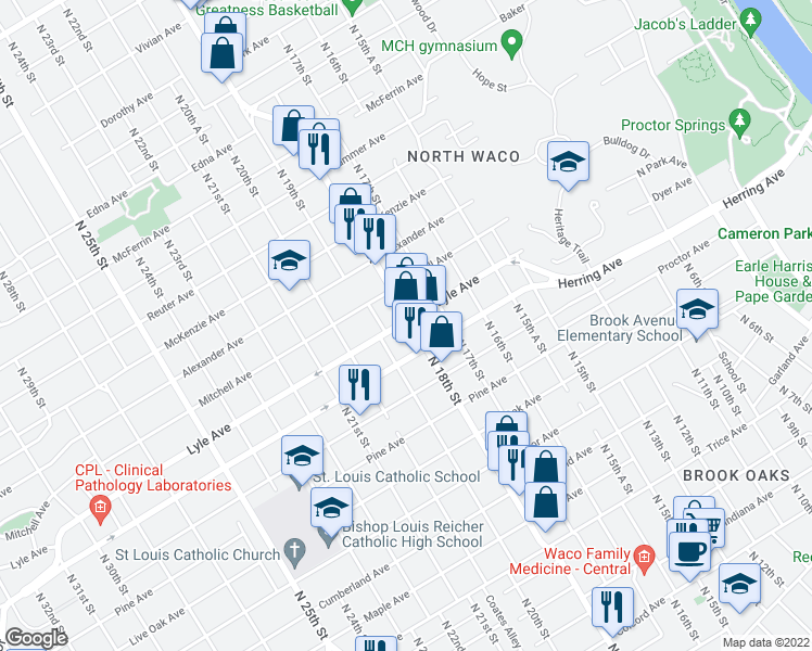 map of restaurants, bars, coffee shops, grocery stores, and more near 1800 Lyle Avenue in Waco
