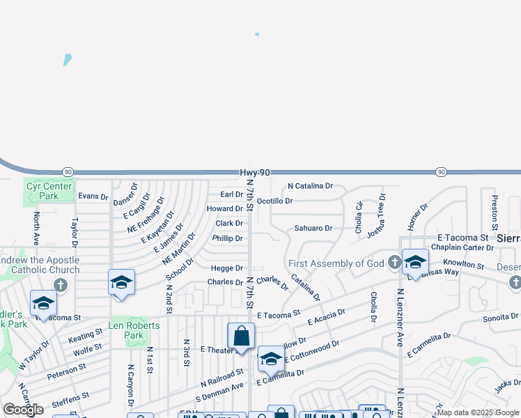 map of restaurants, bars, coffee shops, grocery stores, and more near 1157 Desert Oak Place in Sierra Vista