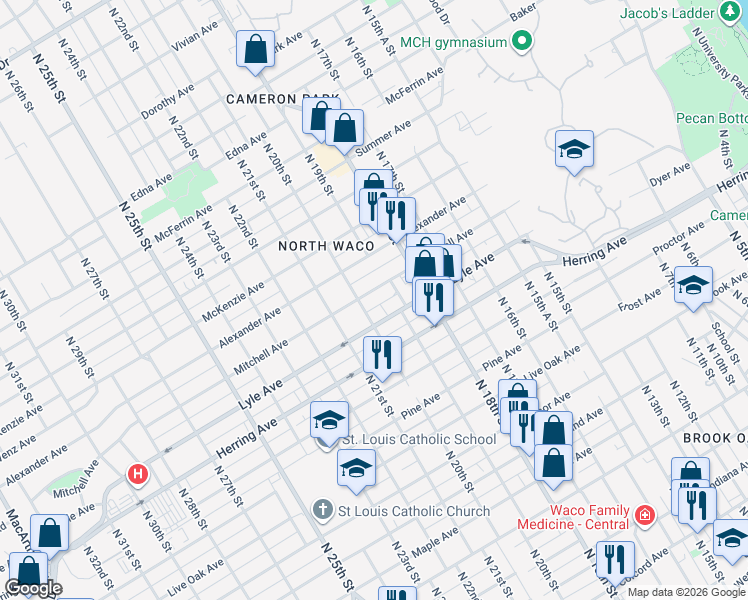 map of restaurants, bars, coffee shops, grocery stores, and more near 1900 Mitchell Avenue in Waco