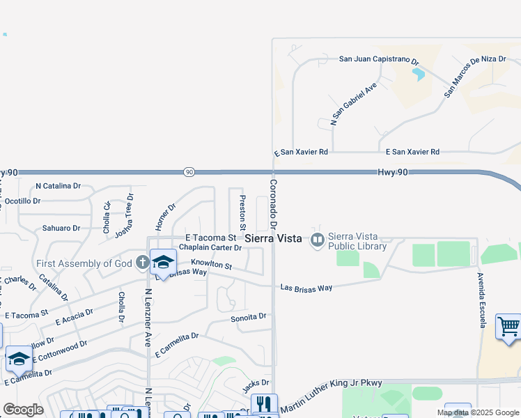 map of restaurants, bars, coffee shops, grocery stores, and more near 1130 Sentinel Peak Road in Sierra Vista