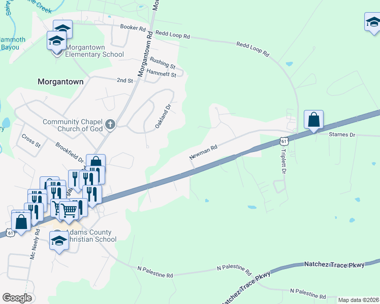 map of restaurants, bars, coffee shops, grocery stores, and more near 8 Newman Road in Natchez