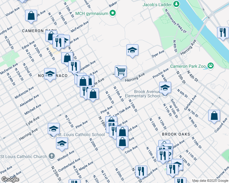 map of restaurants, bars, coffee shops, grocery stores, and more near 1525 Proctor Avenue in Waco