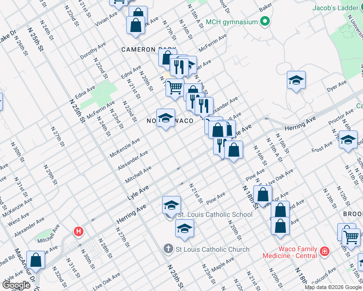 map of restaurants, bars, coffee shops, grocery stores, and more near 2600 North 20th Street in Waco