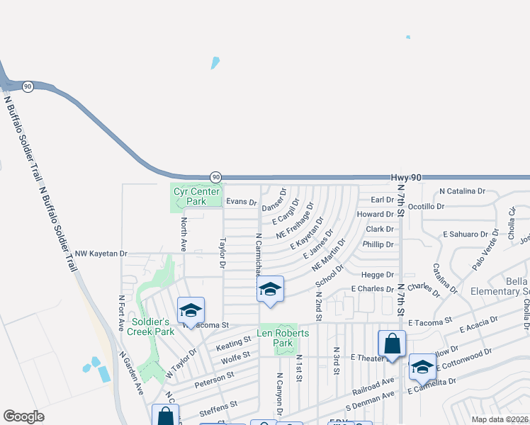 map of restaurants, bars, coffee shops, grocery stores, and more near 10 Danser Drive in Sierra Vista