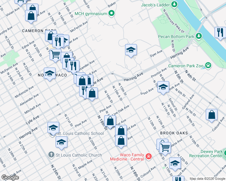 map of restaurants, bars, coffee shops, grocery stores, and more near 1525 Proctor Avenue in Waco
