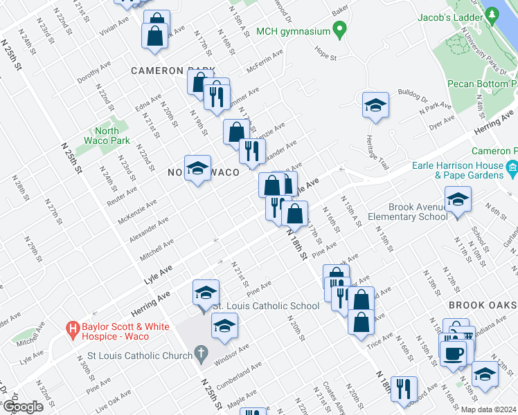 map of restaurants, bars, coffee shops, grocery stores, and more near 1800 Lyle Avenue in Waco