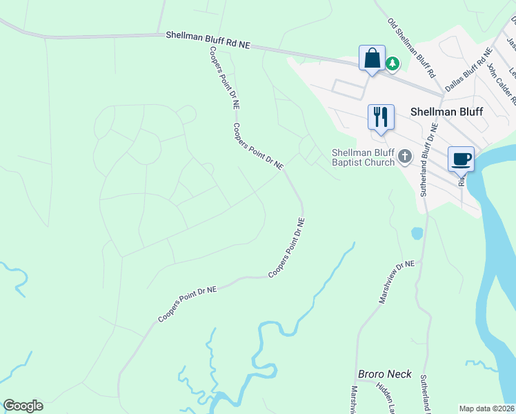 map of restaurants, bars, coffee shops, grocery stores, and more near 1216 North Marsh Hen Road Northeast in Shellman Bluff