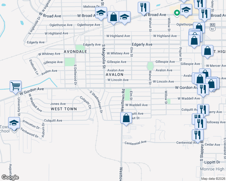 map of restaurants, bars, coffee shops, grocery stores, and more near 1610 West Gordon Avenue in Albany