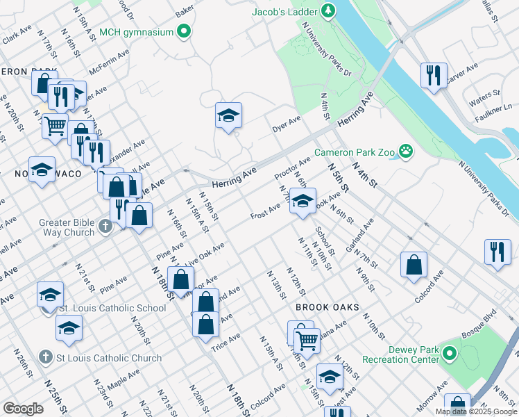 map of restaurants, bars, coffee shops, grocery stores, and more near 811 Frost Avenue in Waco