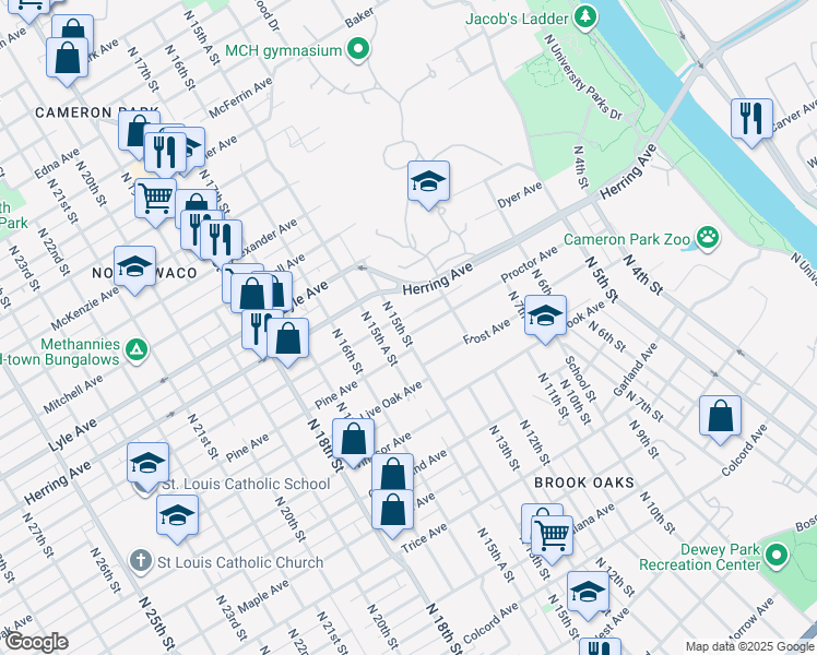 map of restaurants, bars, coffee shops, grocery stores, and more near 2209 North 15th Street in Waco