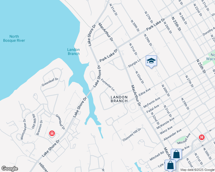 map of restaurants, bars, coffee shops, grocery stores, and more near 3424 Forrester Lane in Waco